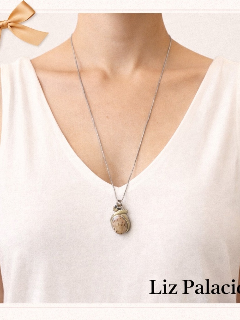 Liz Palacios Tan Stone Pendant Necklace Silver Chain